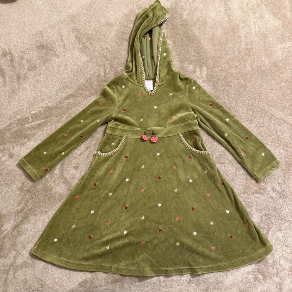 Gymboree Girls Olive Green Velour Hooded Heart Dress Long Sleeve Size 6